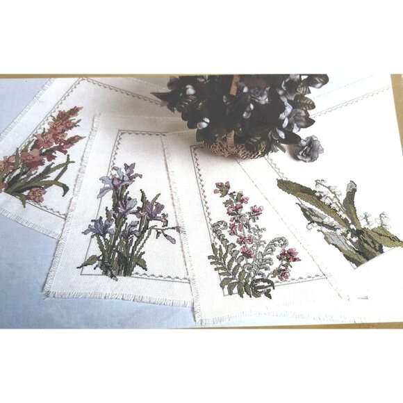 Something Special Counted Cross Stitch Spring Flowers Place Mats Set Of Four 18" - Picture 1 of 4
